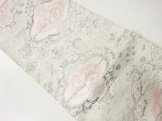 アンティーク　プラチナ二重箔向かい鳥に花唐草模様織出し袋帯（材料）